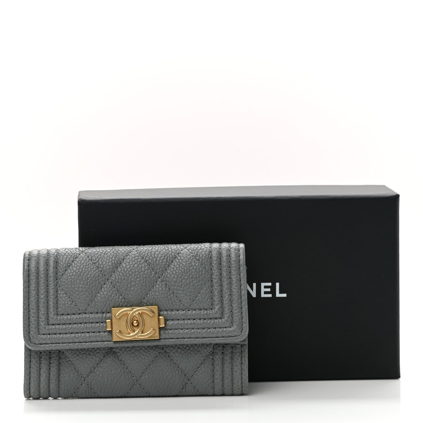 Caviar Quilted Boy Flap Card Holder Grey