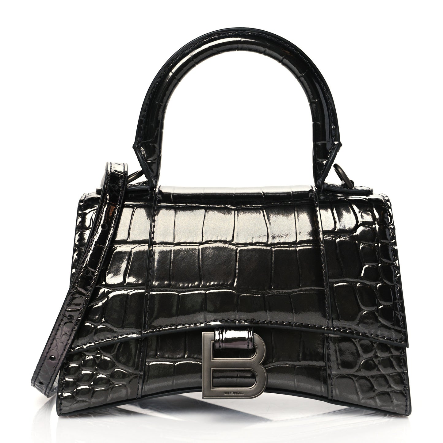 Shiny Calfskin Crocodile Embossed Hourglass Top Handle Bag XS Gunmetal