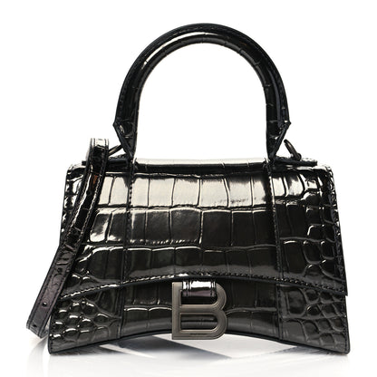Balenciaga Shiny Calfskin Crocodile Embossed Hourglass Top Handle Bag XS Gunmetal 1 of 9