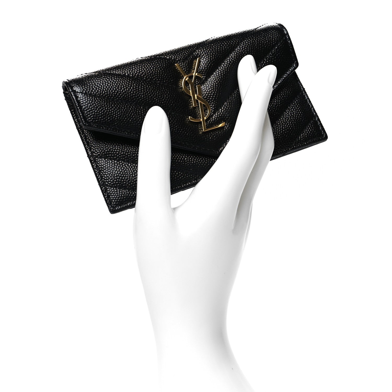 Saint Laurent Grain De Poudre Matelasse Chevron Monogram Compact Wallet Black 2 of 9