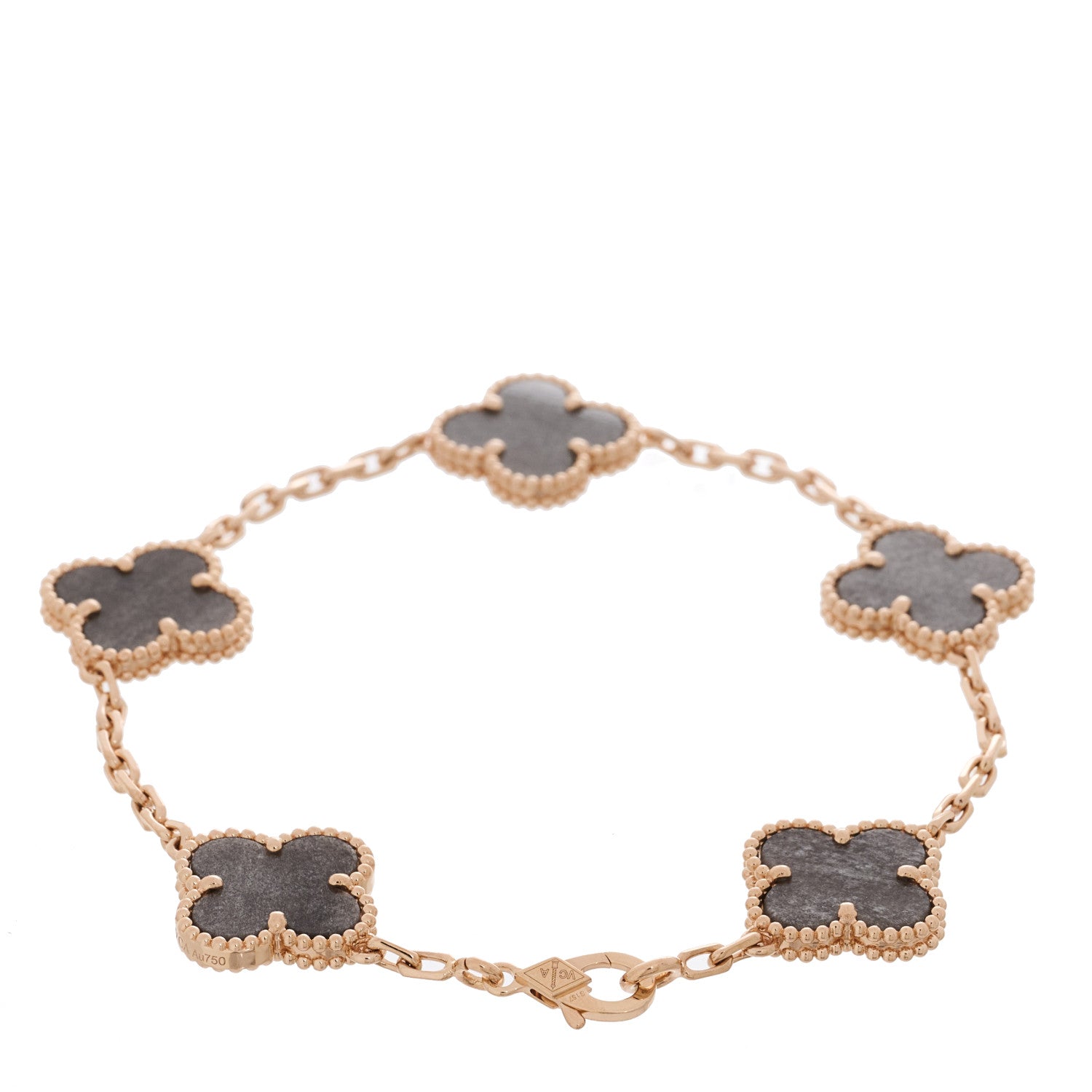 Van Cleef & Arpels 18K Rose Gold Silver Obsidian 5 Motifs Vintage Alhambra Bracelet 2 of 5