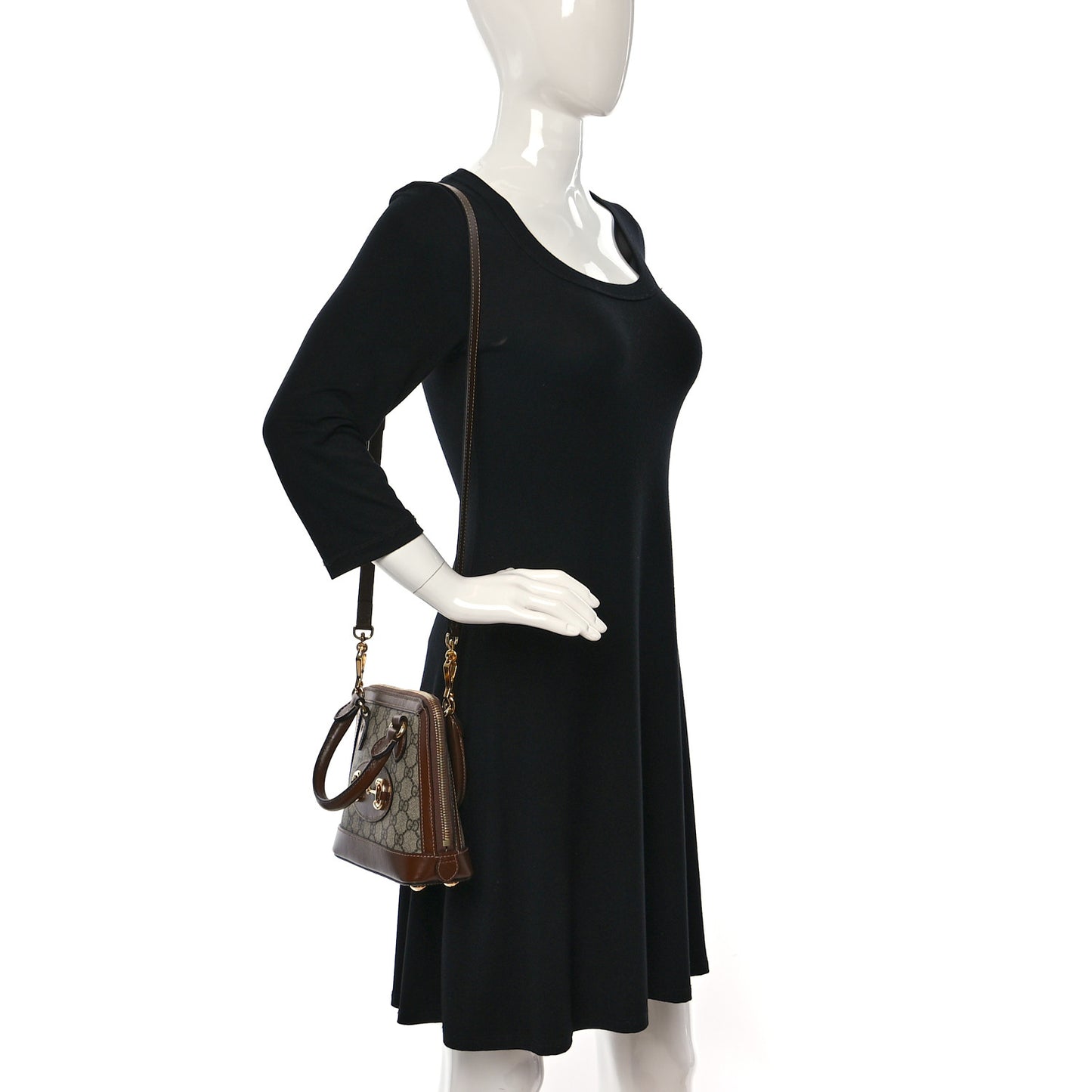 GG Supreme Monogram Azalea Calfskin Mini Horsebit 1955 Top Handle Bag Beige Ebony Brown Sugar