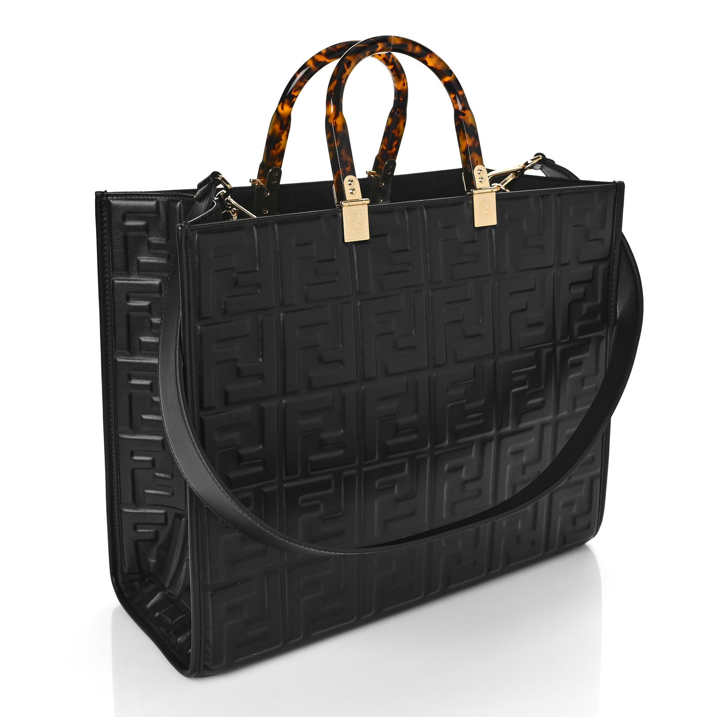 Vitello Plexiglass FF Embossed Medium Fendi Sunshine Shopper Tote Black