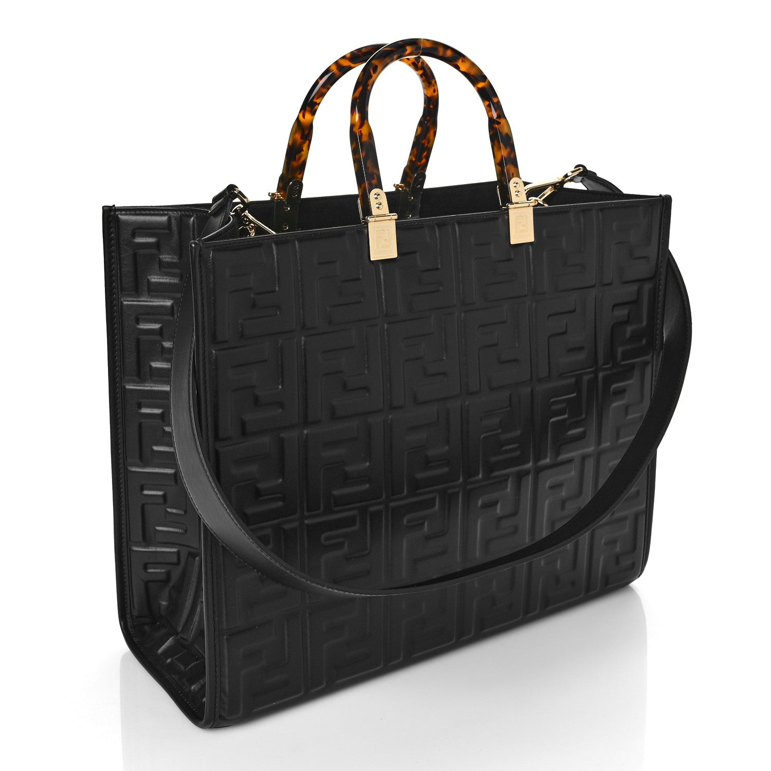 Fendi Vitello Plexiglass FF Embossed Medium Fendi Sunshine Shopper Tote Black 3 of 9