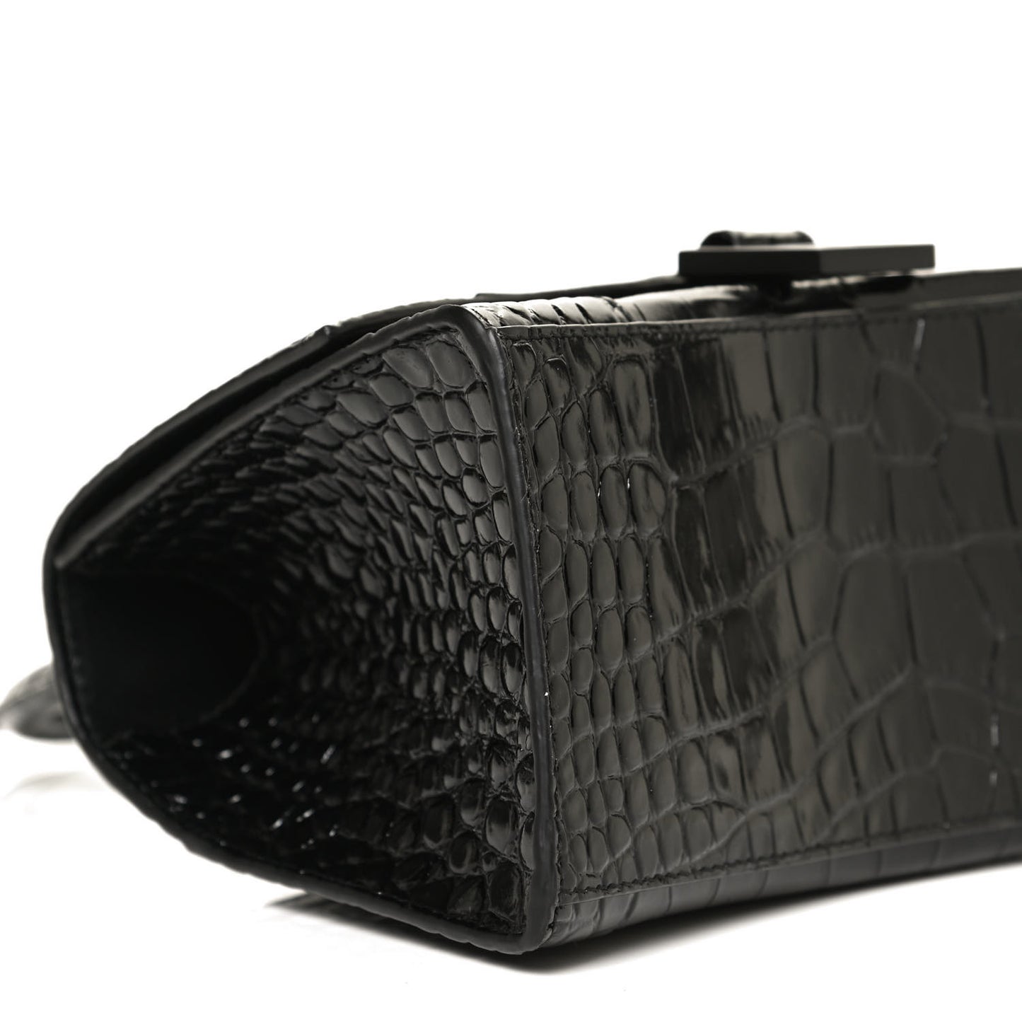 Shiny Calfskin Monochrome Crocodile Embossed Small Hourglass Top Handle Bag Black