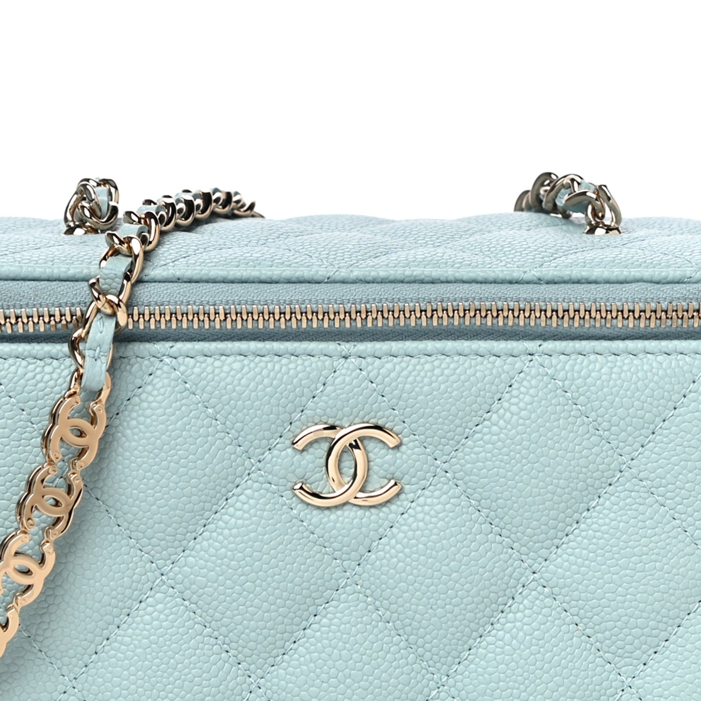 Caviar Quilted Small Tiny CC Vanity Case With Chain Light Blue