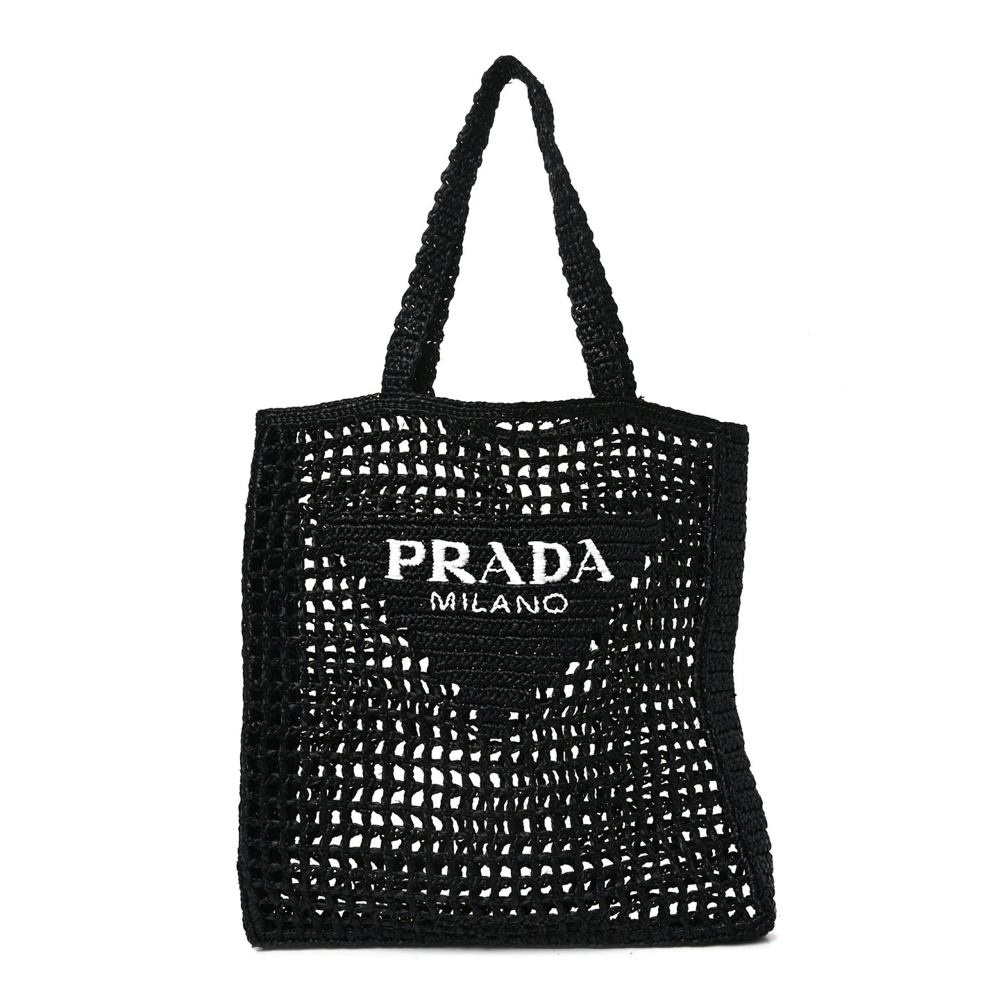 Yarn Raffia Effect Crochet Logo Embroidered Tote Bag Black