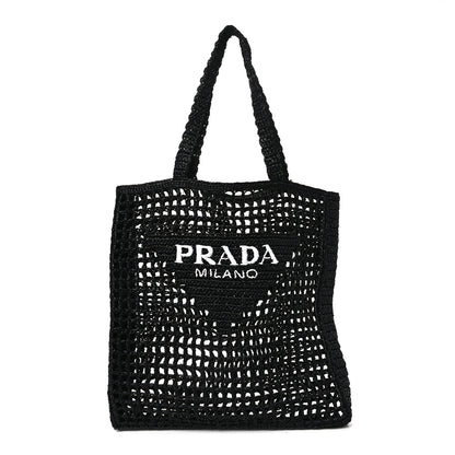 Prada Yarn Raffia Effect Crochet Logo Embroidered Tote Bag Black 1 of 10