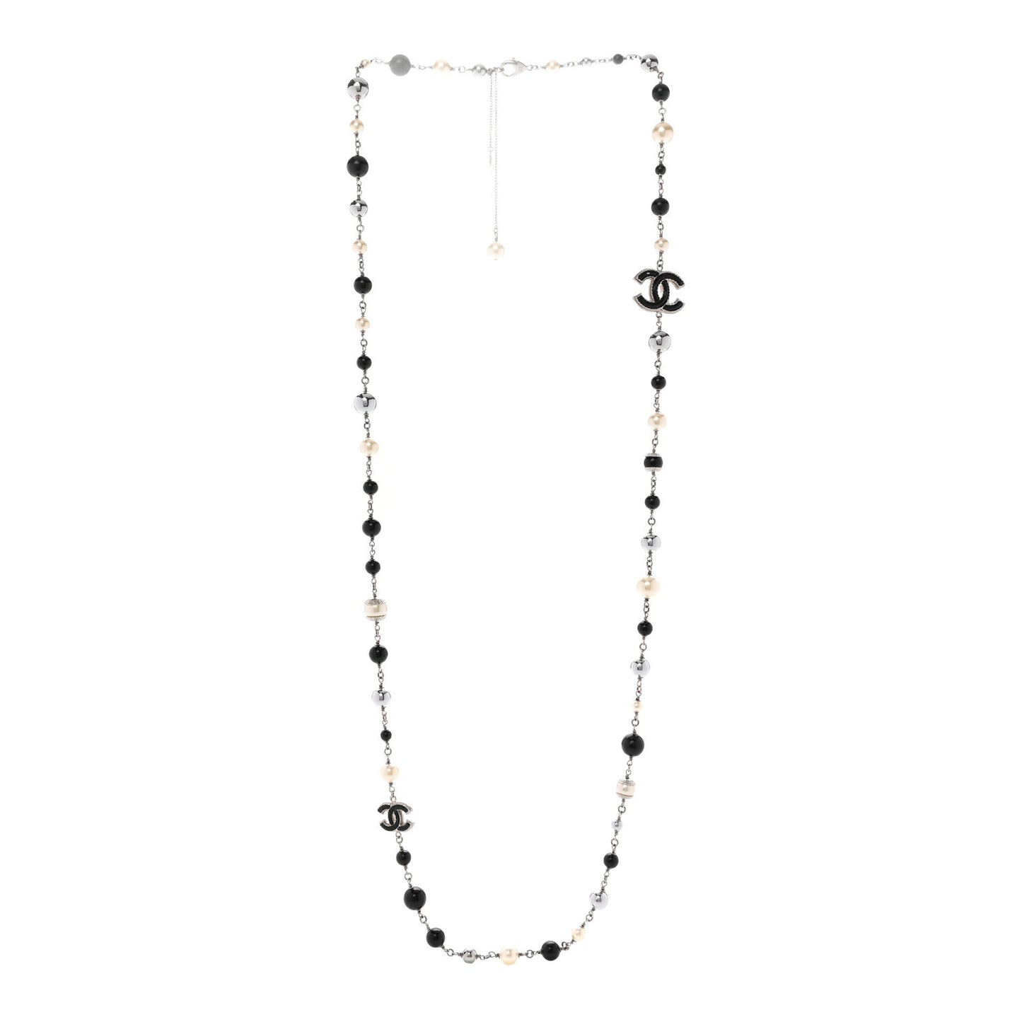 Pearl Bead Enamel CC Baroque Long Necklace Black Gold