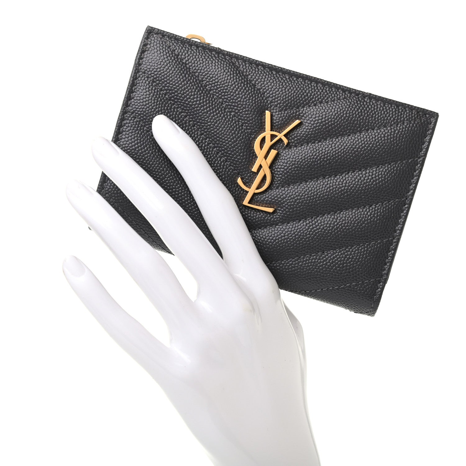Saint Laurent Grain De Poudre Matelasse Chevron Monogram Zipped Two-Part Wallet Storm 2 of 9