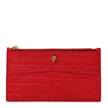 Alexander McQueen Calfskin Crocodile Embossed Skull Zip Wallet Card Holder Deep Red 1 of 8