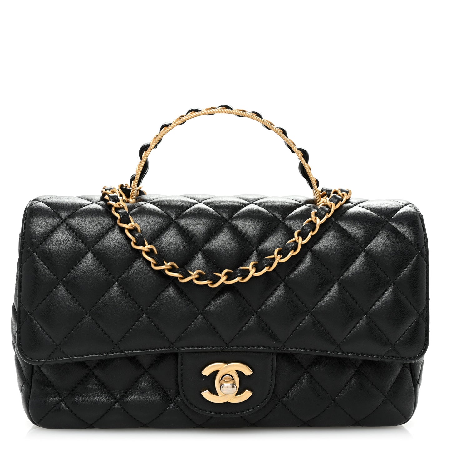Lambskin Quilted Small Metal Top Handle Flap Black