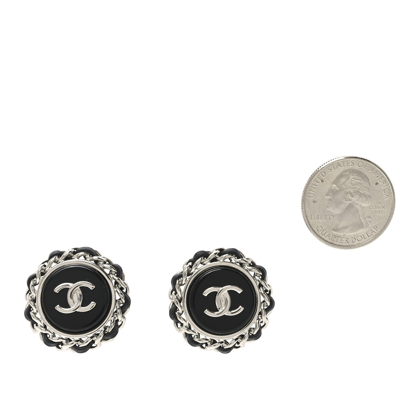 Metal Enamel Lambskin CC Round Earrings Black Silver