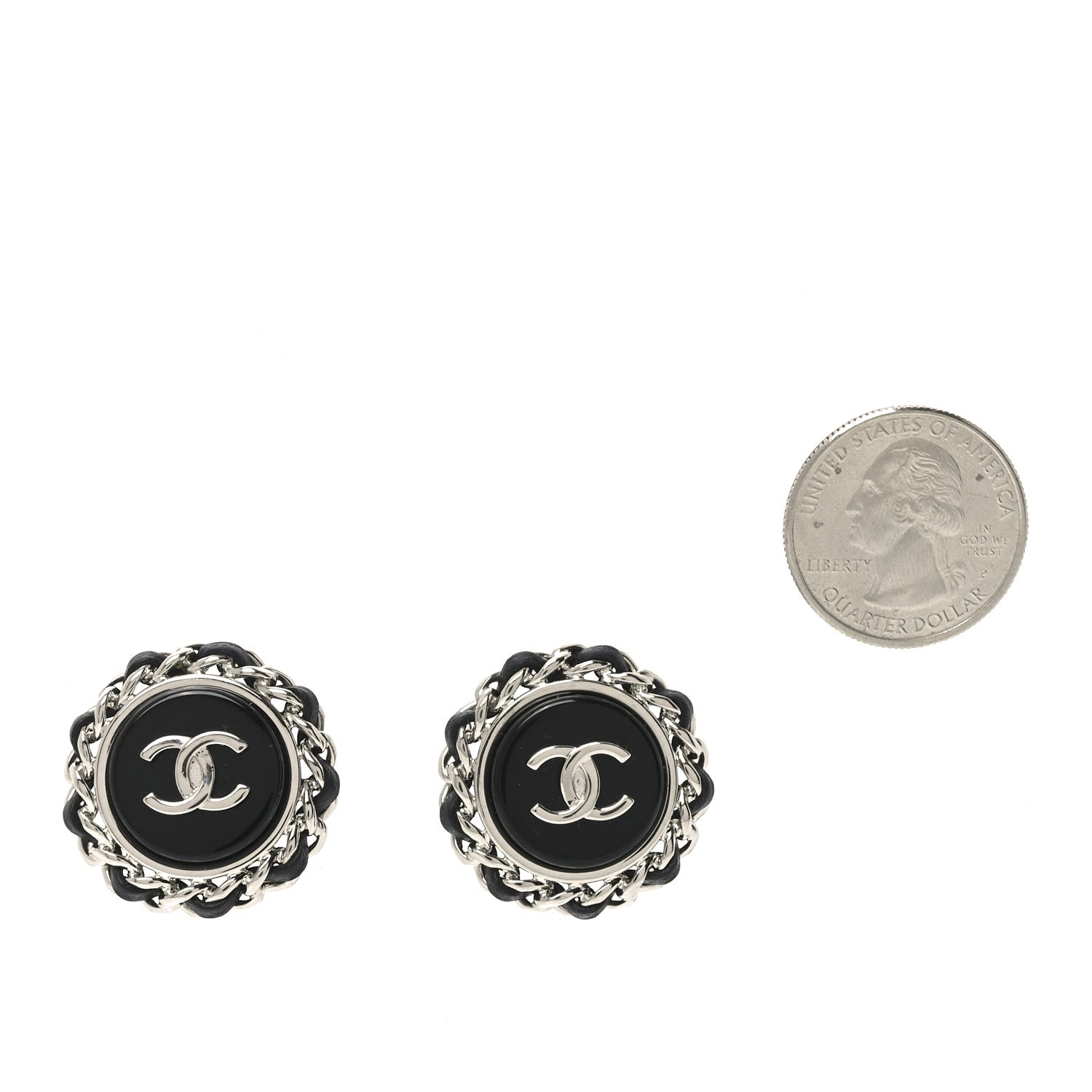 Chanel Metal Enamel Lambskin CC Round Earrings Black Silver 2 of 4