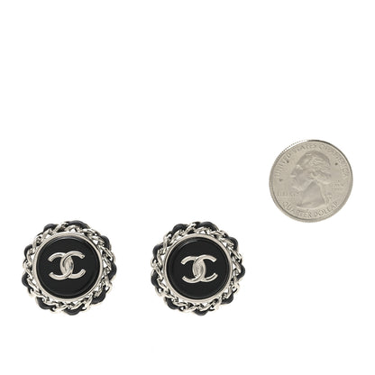 Chanel Metal Enamel Lambskin CC Round Earrings Black Silver 2 of 4