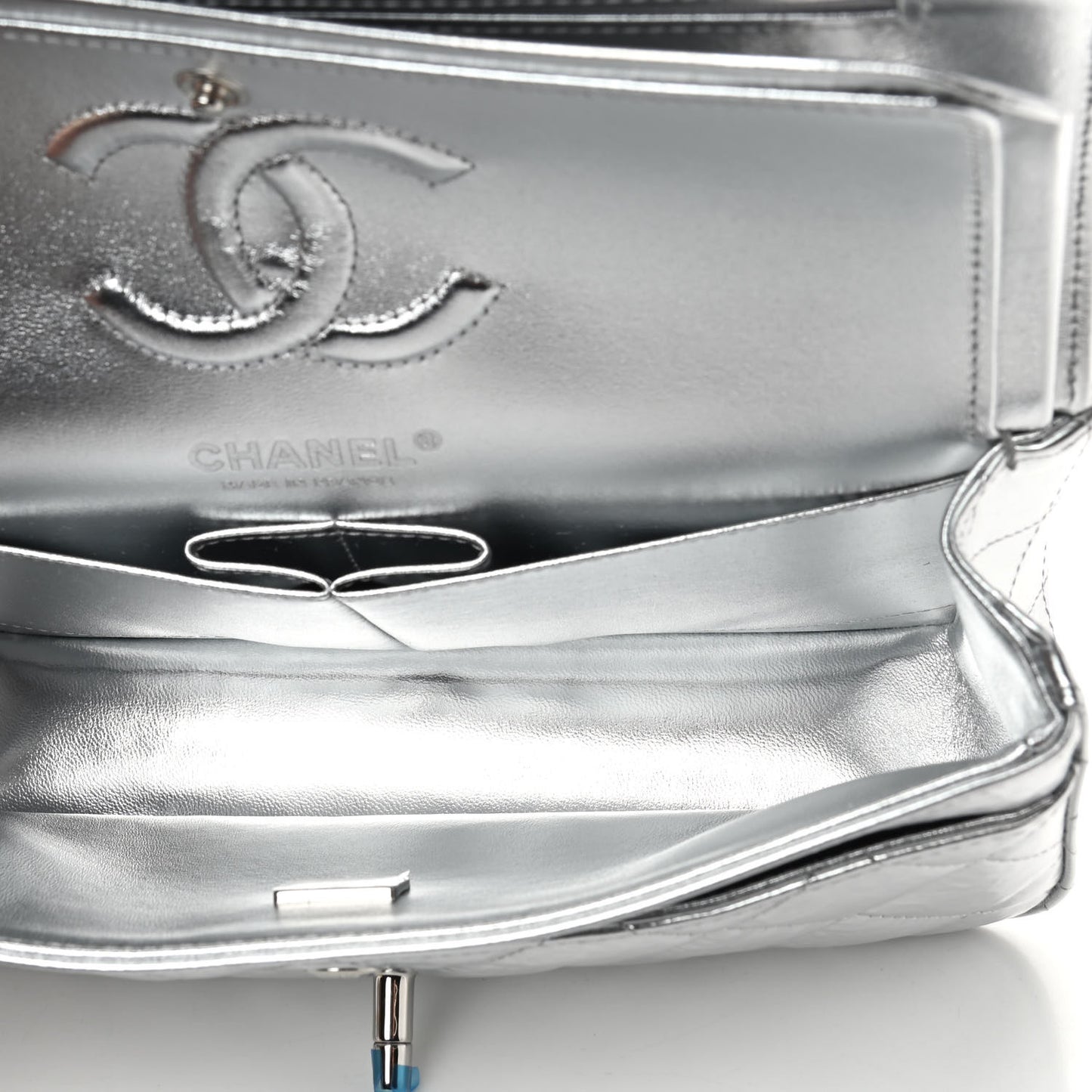 Hammered Metallic Calfskin Quilted Small Double Flap Silver