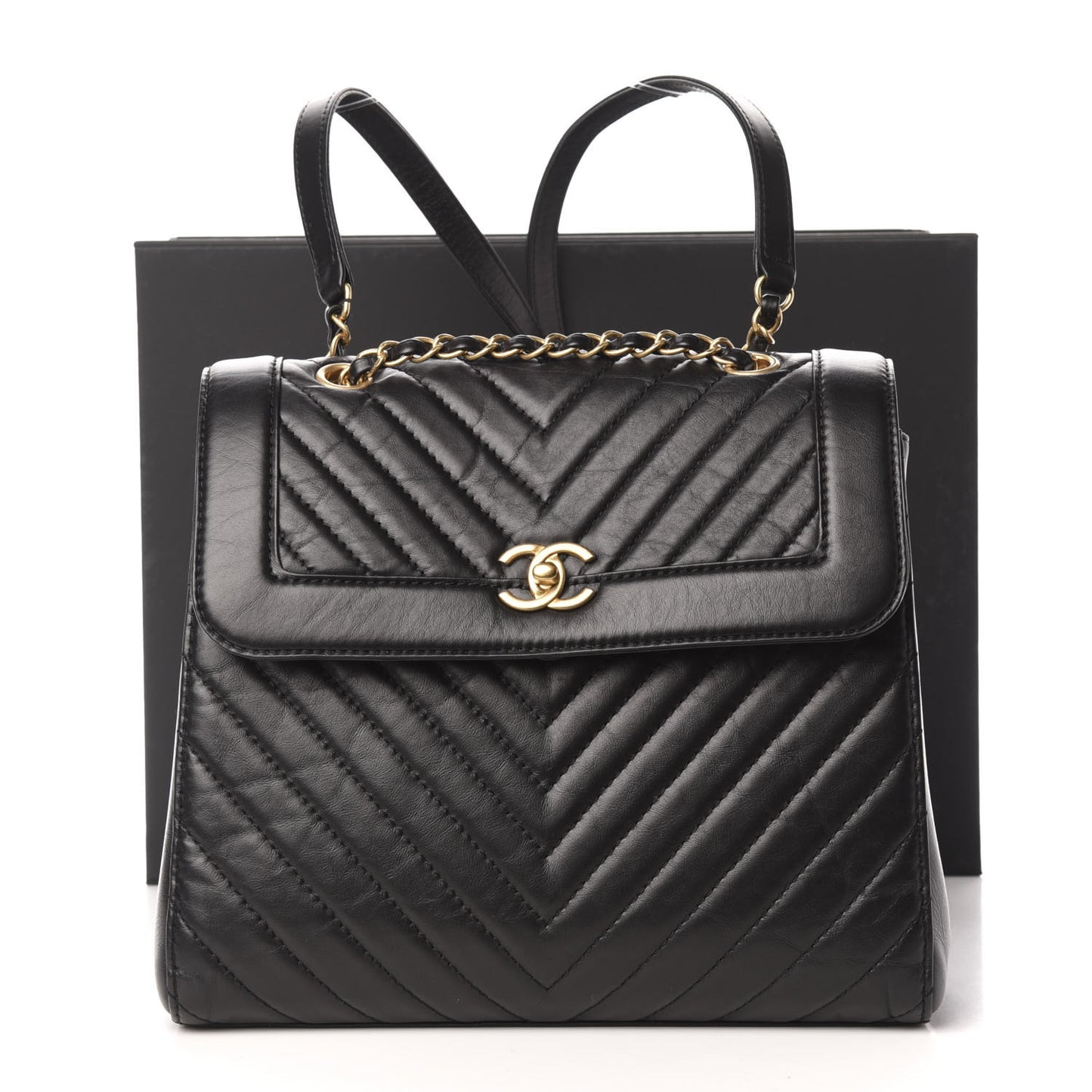 Aged Calfskin Chevron Quilted Backpack Black