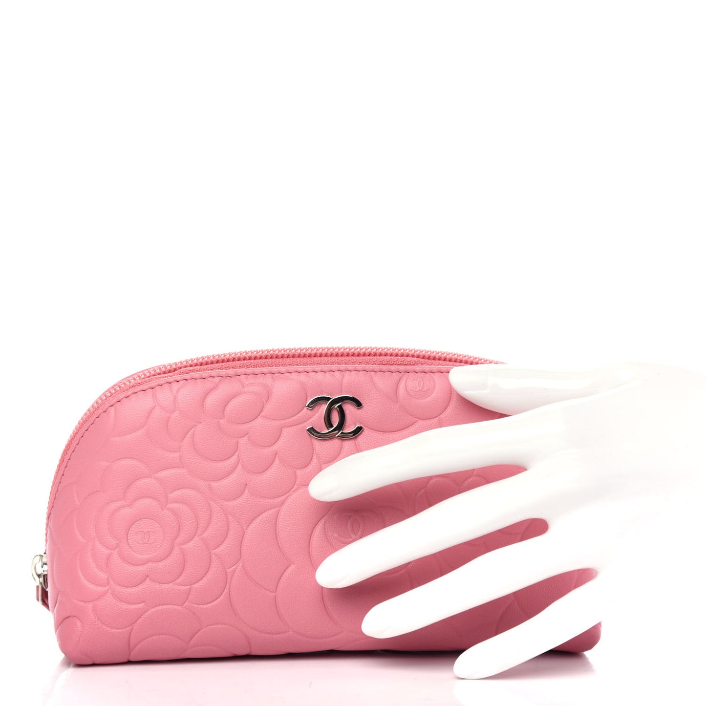 Lambskin Camellia Embossed Cosmetic Case Pink