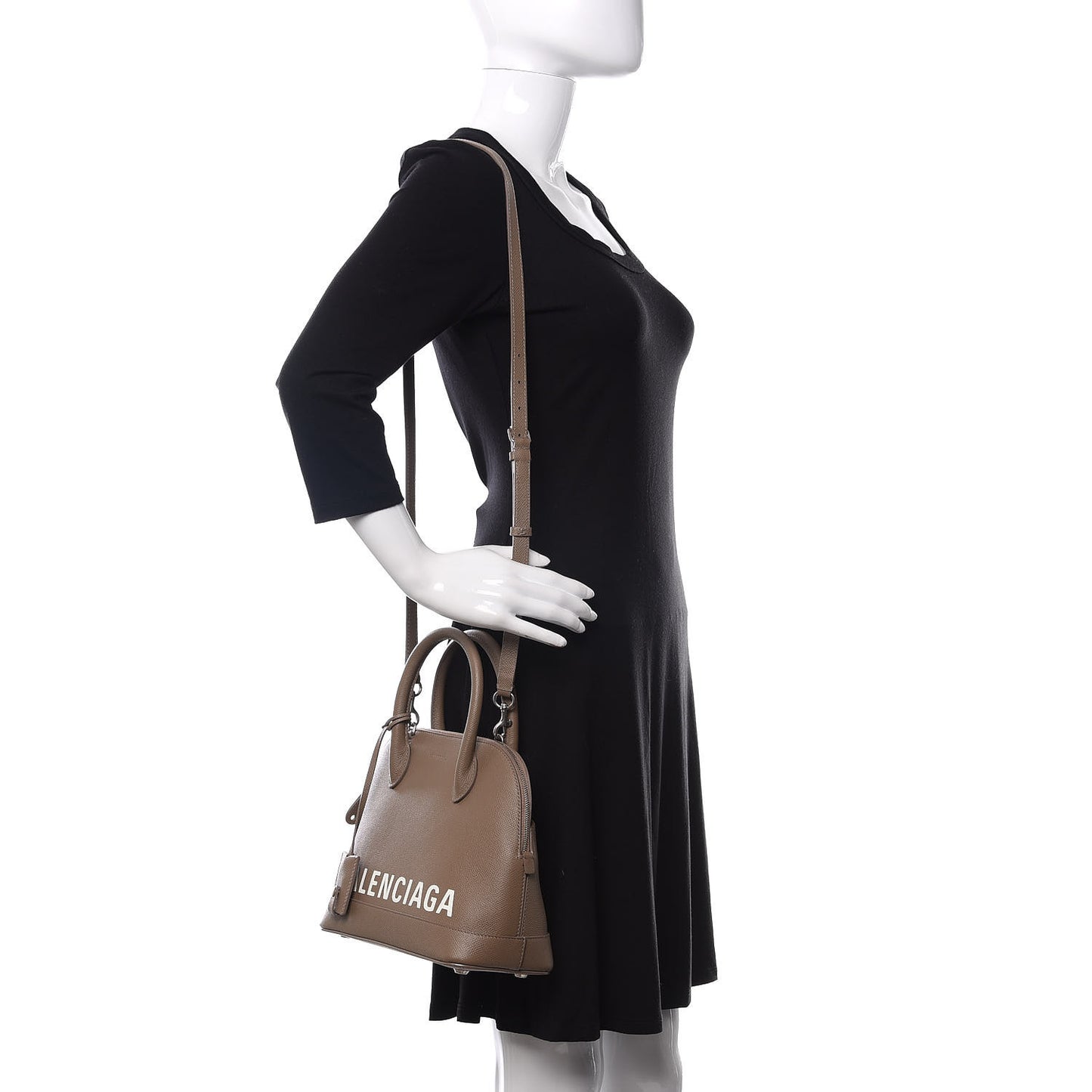 Signature Grained Calfskin Logo S Ville Top Handle Bag Mink Grey White
