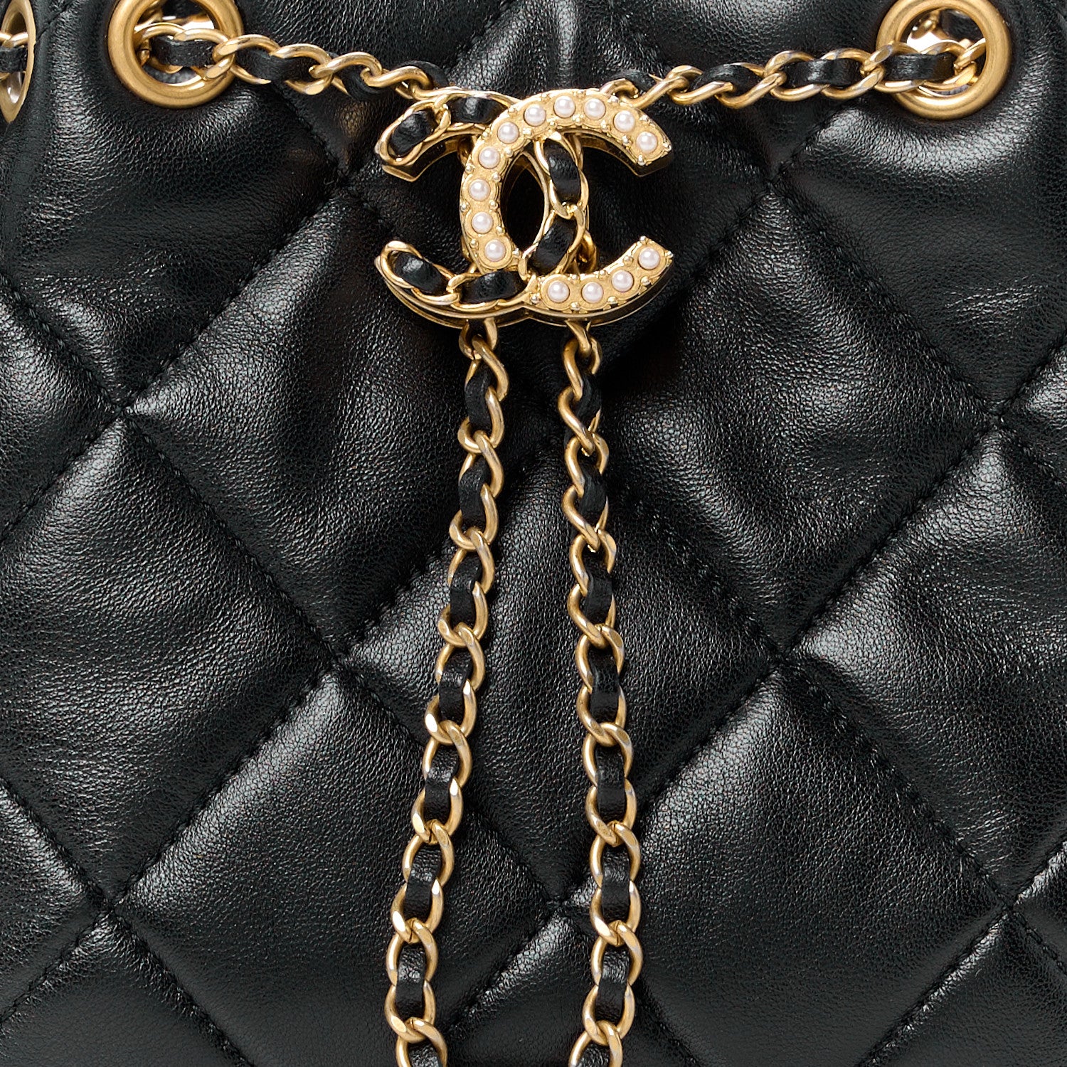 Chanel Lambskin Quilted Crush on Chains Drawstring Small Bucket Bag Black 7 of 10