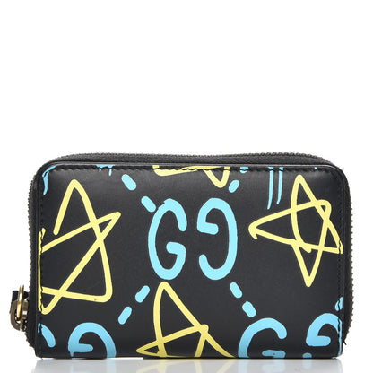 Gucci Calfskin GucciGhost Zip Around Card Case Black New Acquamarine 1 of 7