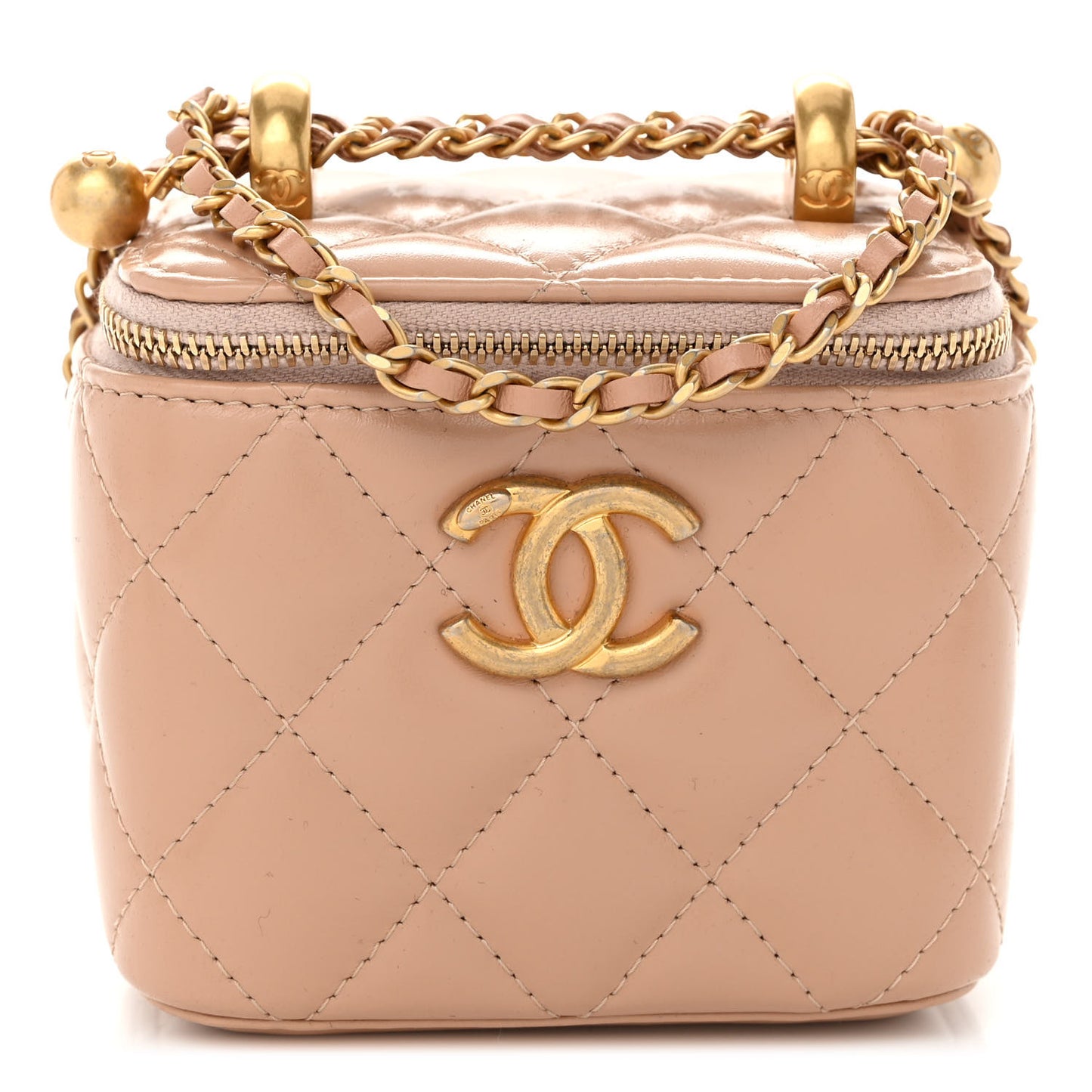 Calfskin Quilted Mini Perfect Fit Vanity Case With Chain Beige