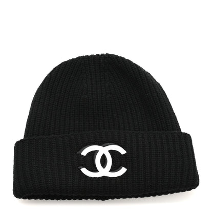Chanel Wool Cashmere CC Beanie Hat Light Black White 1 of 6