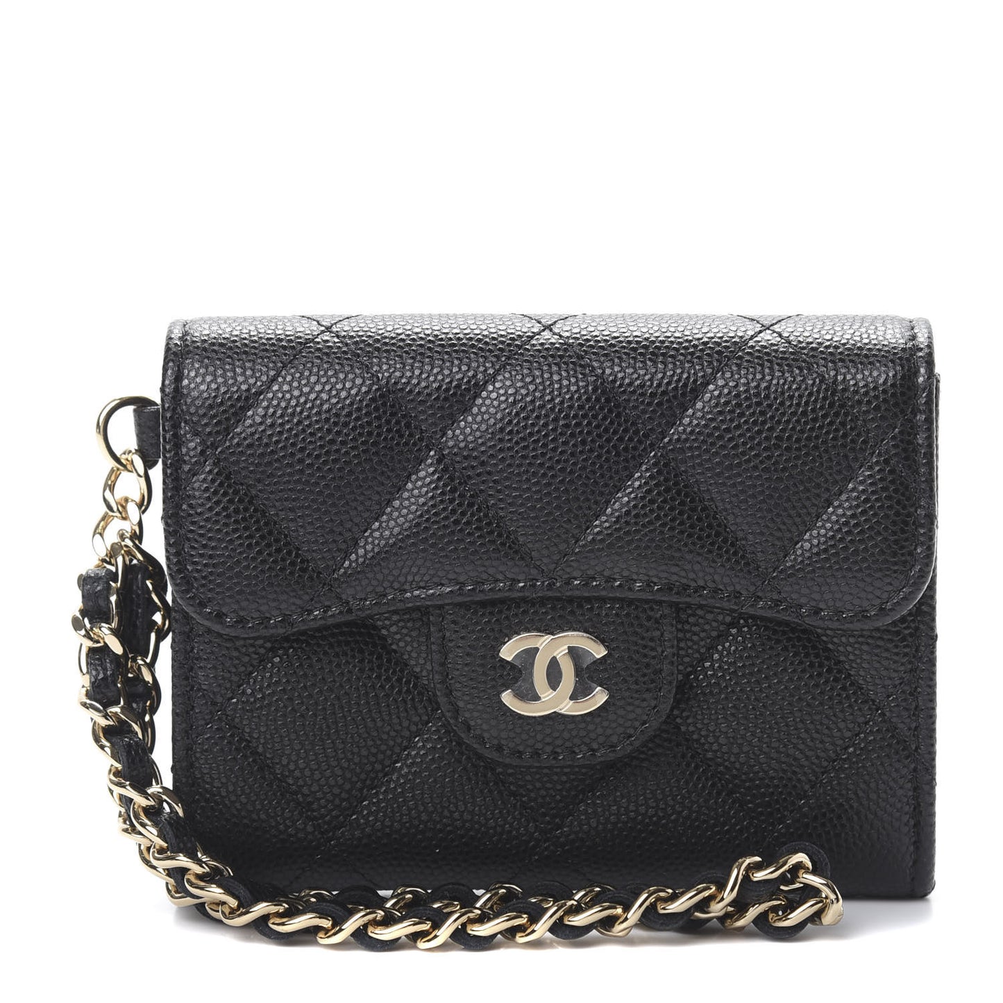 Caviar Quilted Flap Card Holder Chain Wristlet Black