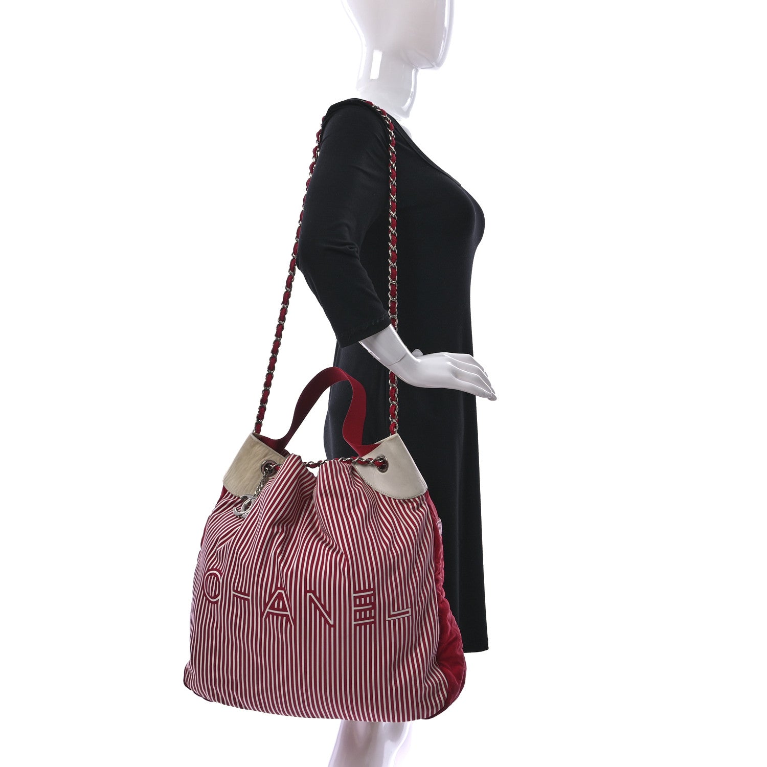 Chanel Striped Canvas Logo Tote Red 2 of 10