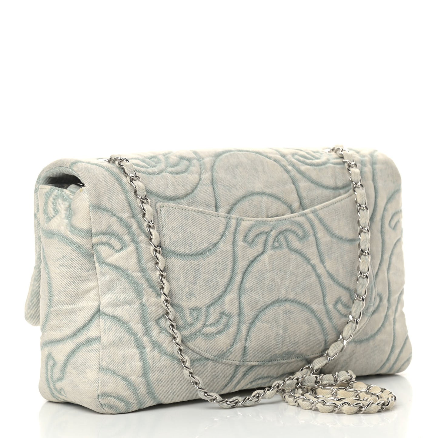 Denim Embossed CC Logo Print Jumbo Single Flap Blue