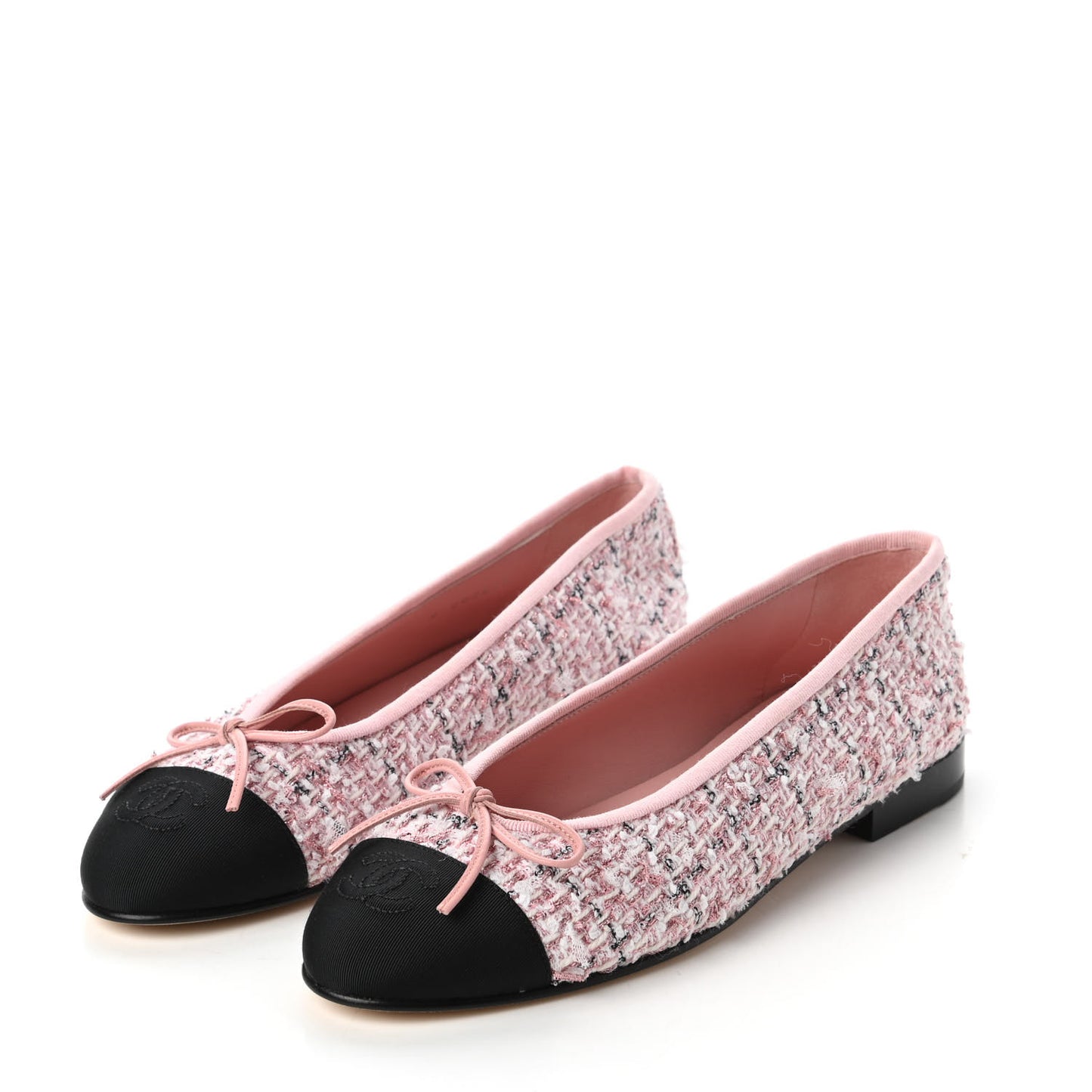 Tweed Grosgrain Cap Toe Ballerina Flats 37.5 Pink Black