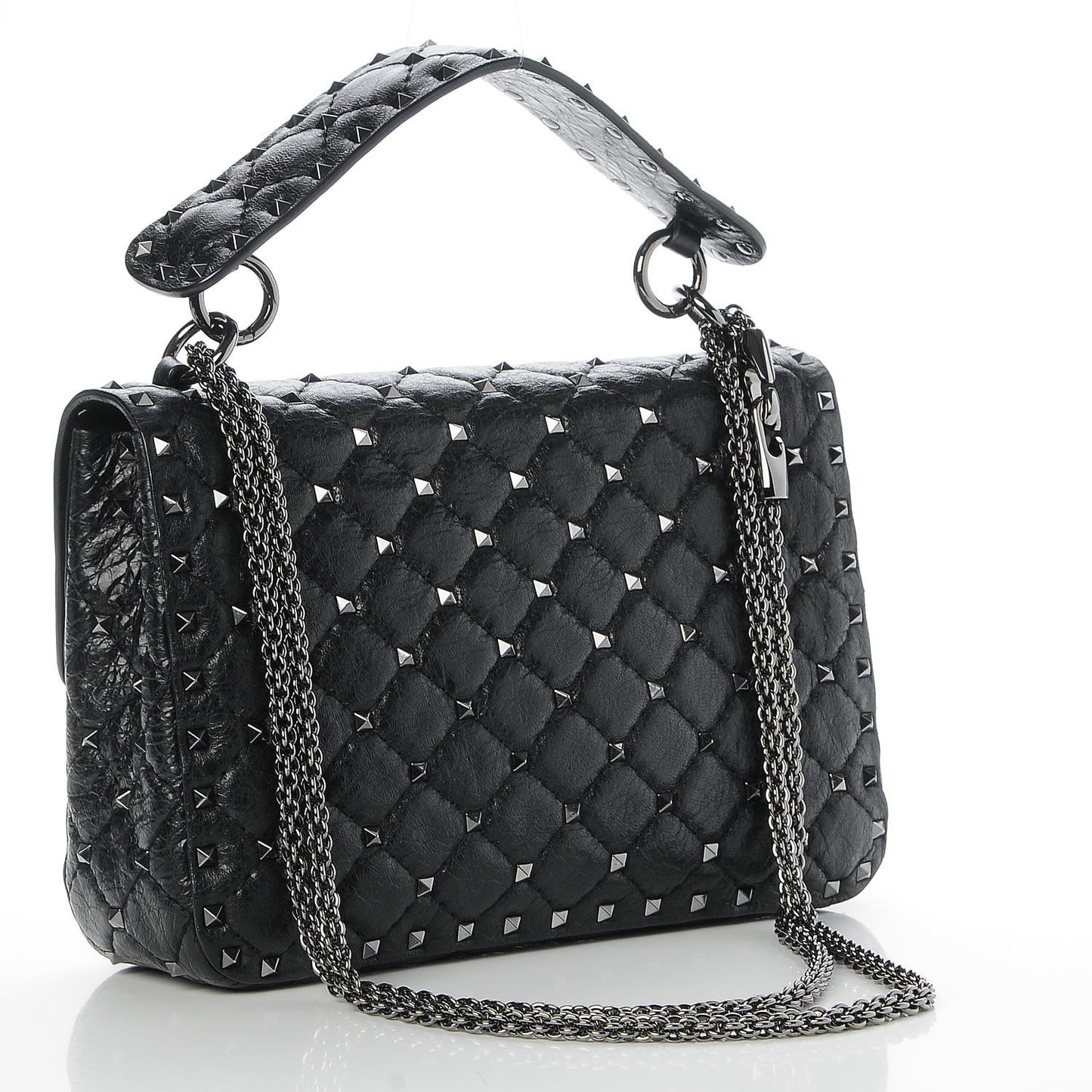 Craquele Nappa Medium Rockstud Spike Shoulder Bag Black