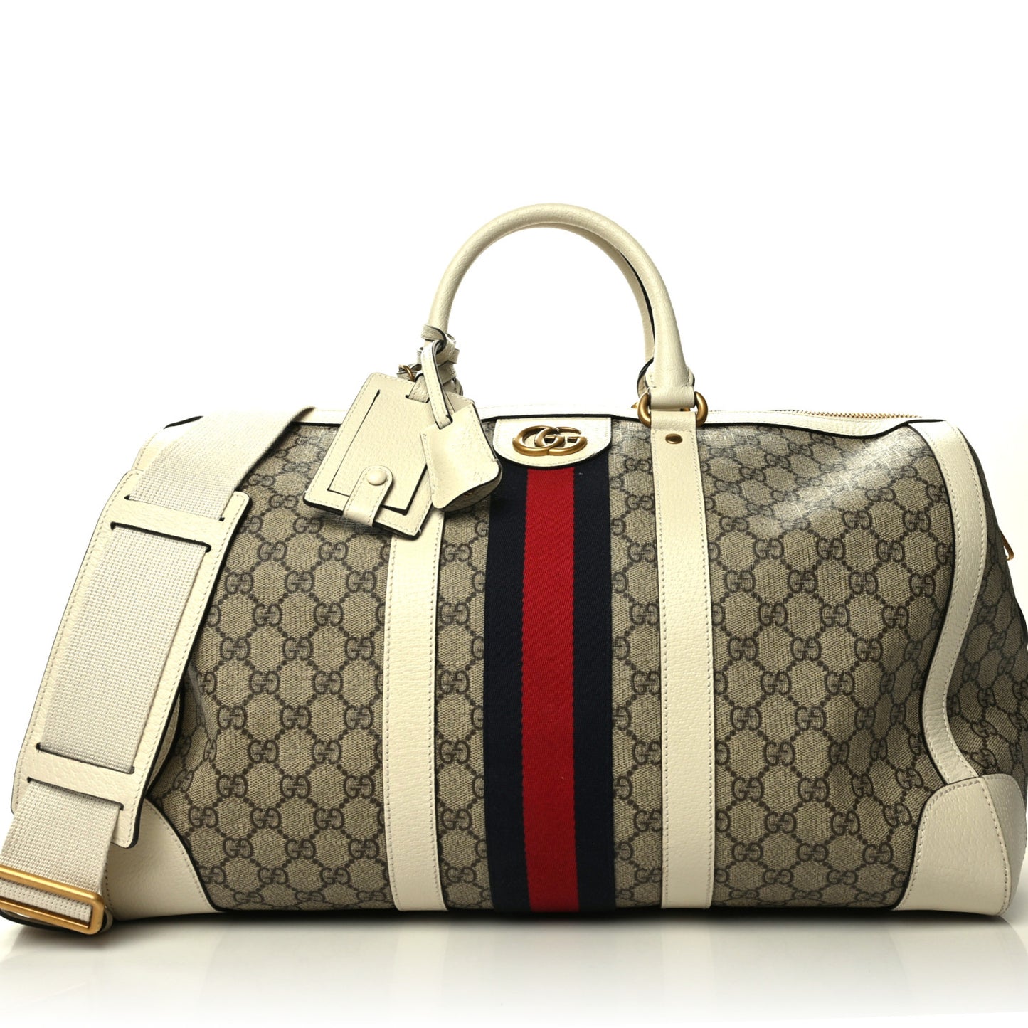 GG Supreme Monogram Textured Dollar Calfskin Web Medium Ophidia Duffle Bag Beige Ebony Mystic White