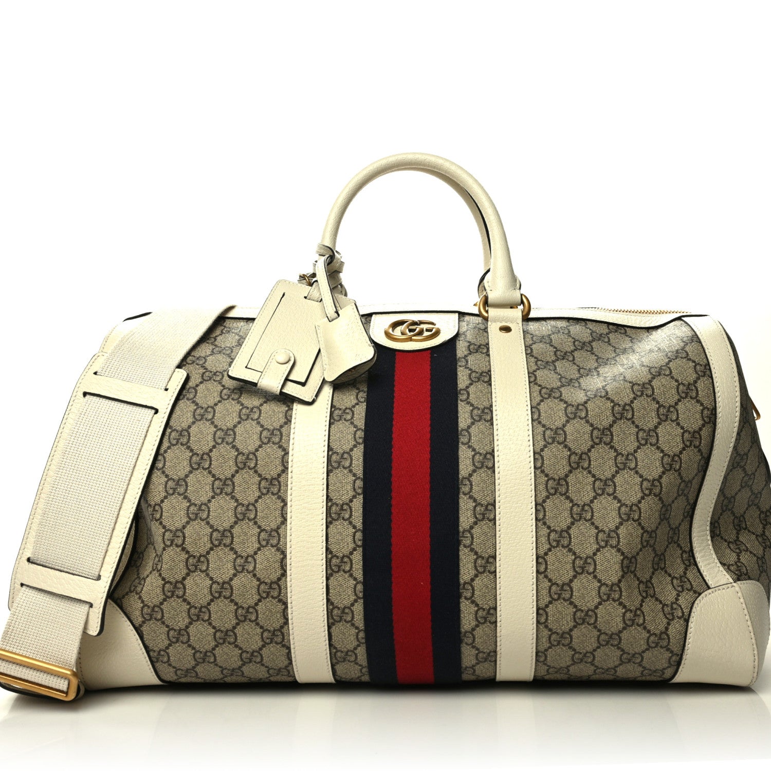 Gucci GG Supreme Monogram Textured Dollar Calfskin Web Medium Ophidia Duffle Bag Beige Ebony Mystic White 1 of 13