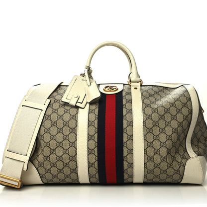 Gucci GG Supreme Monogram Textured Dollar Calfskin Web Medium Ophidia Duffle Bag Beige Ebony Mystic White 1 of 13