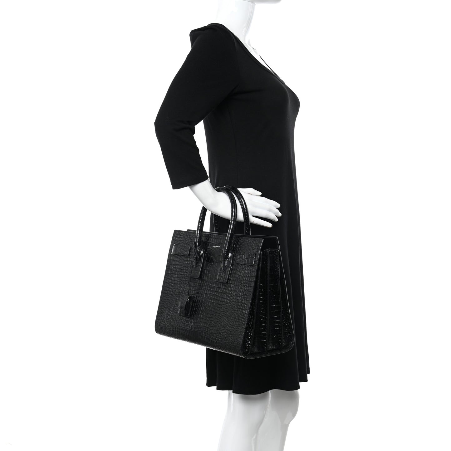 Calfskin Crocodile Embossed Small Sac de Jour Black