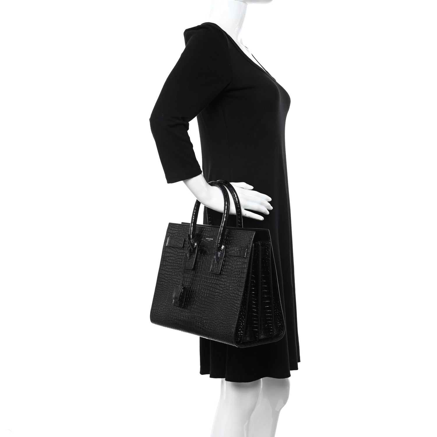 Saint Laurent Calfskin Crocodile Embossed Small Sac de Jour Black 2 of 11