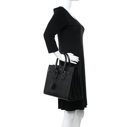 Saint Laurent Calfskin Crocodile Embossed Small Sac de Jour Black 2 of 11