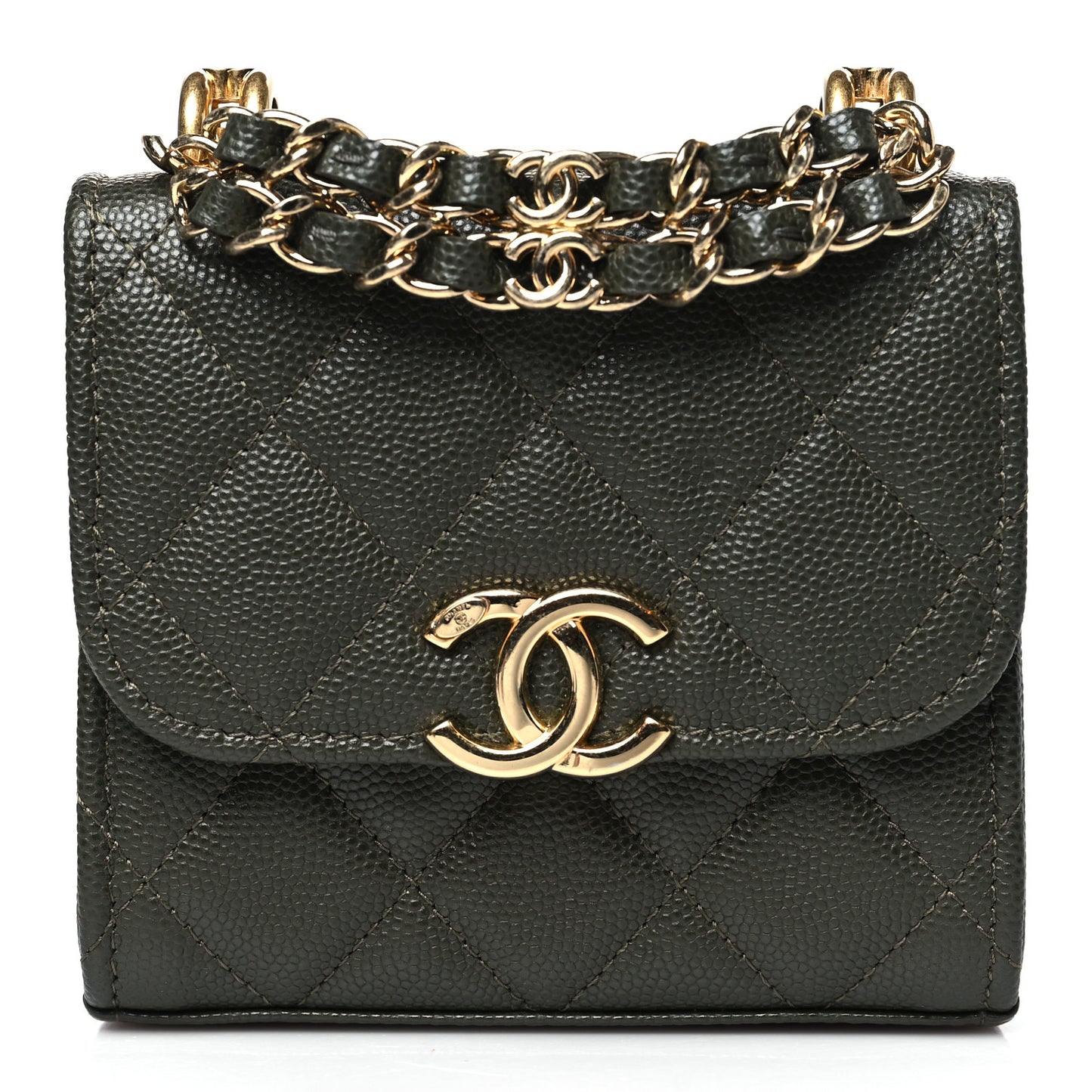 Caviar Quilted Coco First Clutch With Chain Khaki
