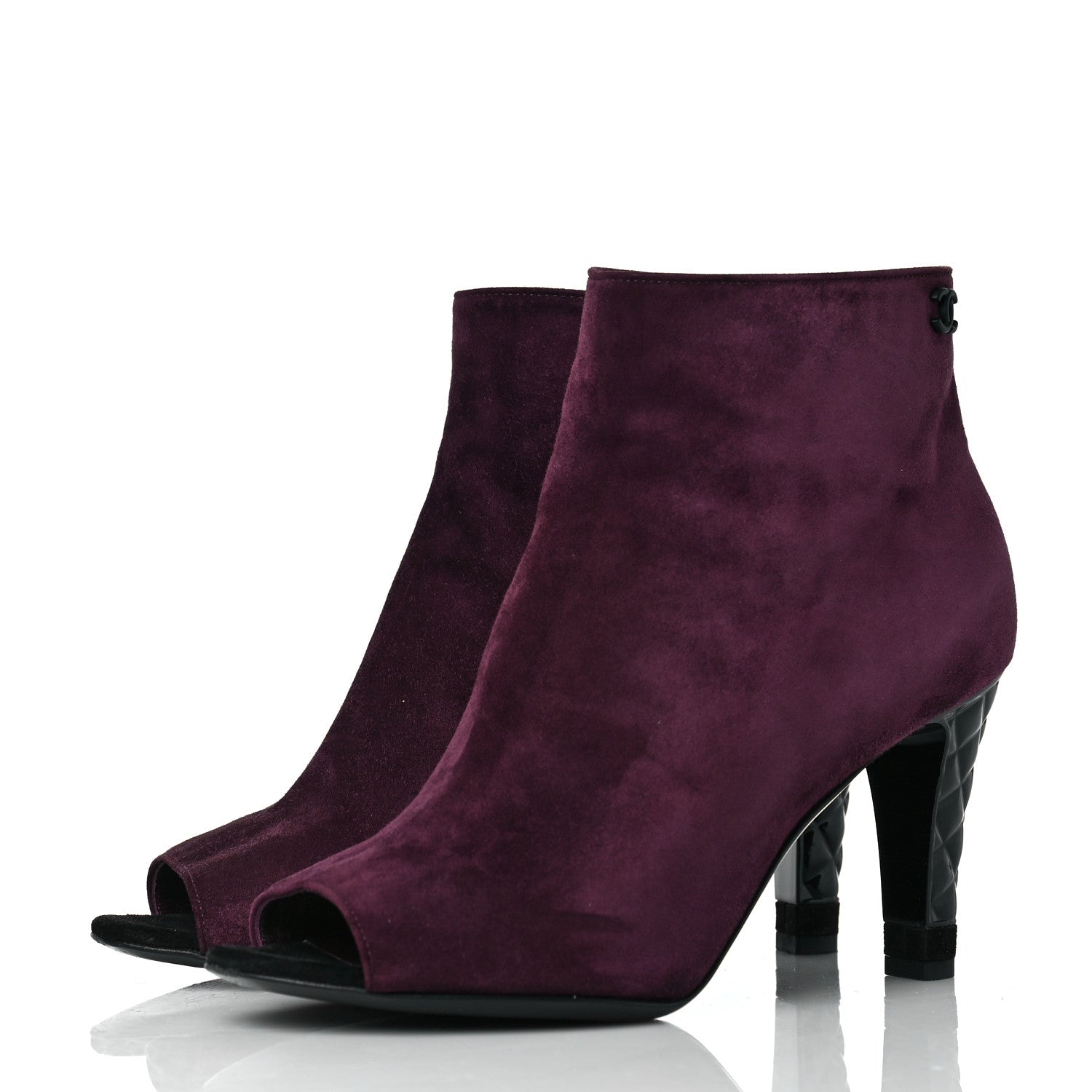 Chanel Suede Calfskin Patent Quilted CC Peep Toe Short Boots 37 Burgundy 3 of 8