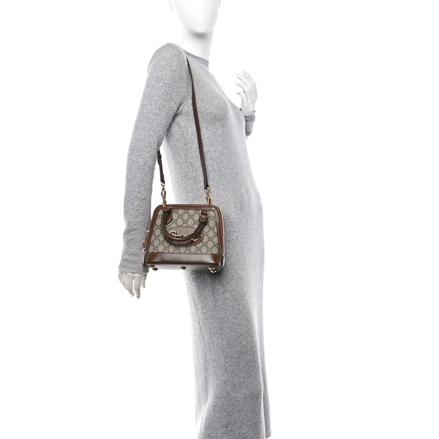 GG Supreme Monogram Azalea Calfskin Mini Horsebit 1955 Top Handle Bag Beige Ebony Brown Sugar