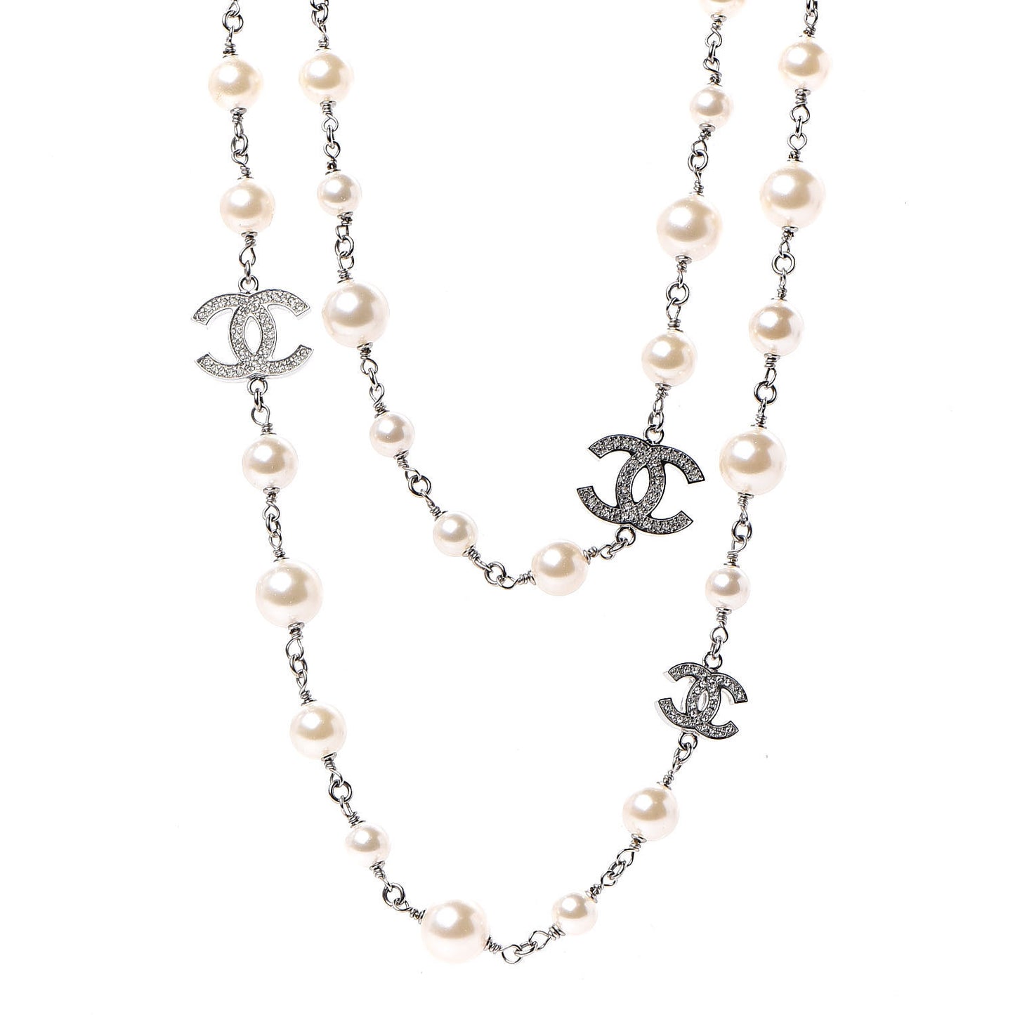 Crystal Pearl CC Long Necklace Silver