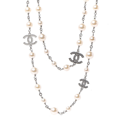 Chanel Crystal Pearl CC Long Necklace Silver 1 of 6