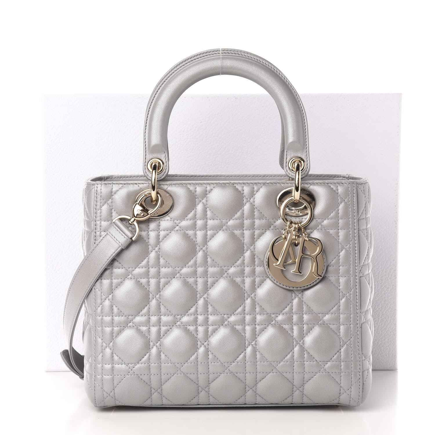 Christian Dior Pearly Lambskin Cannage Medium Lady Dior Grey 13 of 13