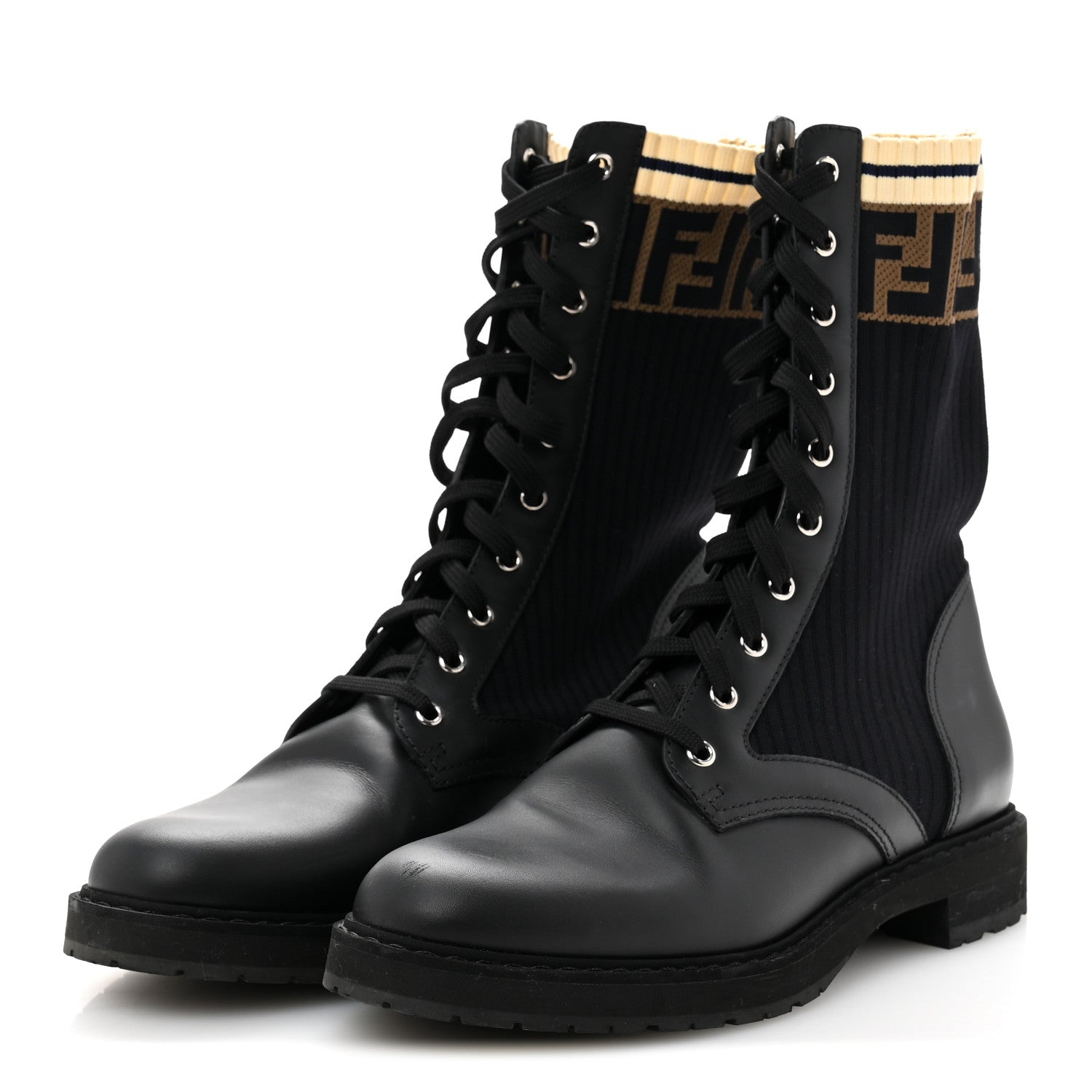 Fendi Calfskin Stretch Fabric Rockoko Biker Boots 42 Tobacco Black Marino 4 of 8