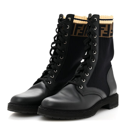 Fendi Calfskin Stretch Fabric Rockoko Biker Boots 42 Tobacco Black Marino 4 of 8