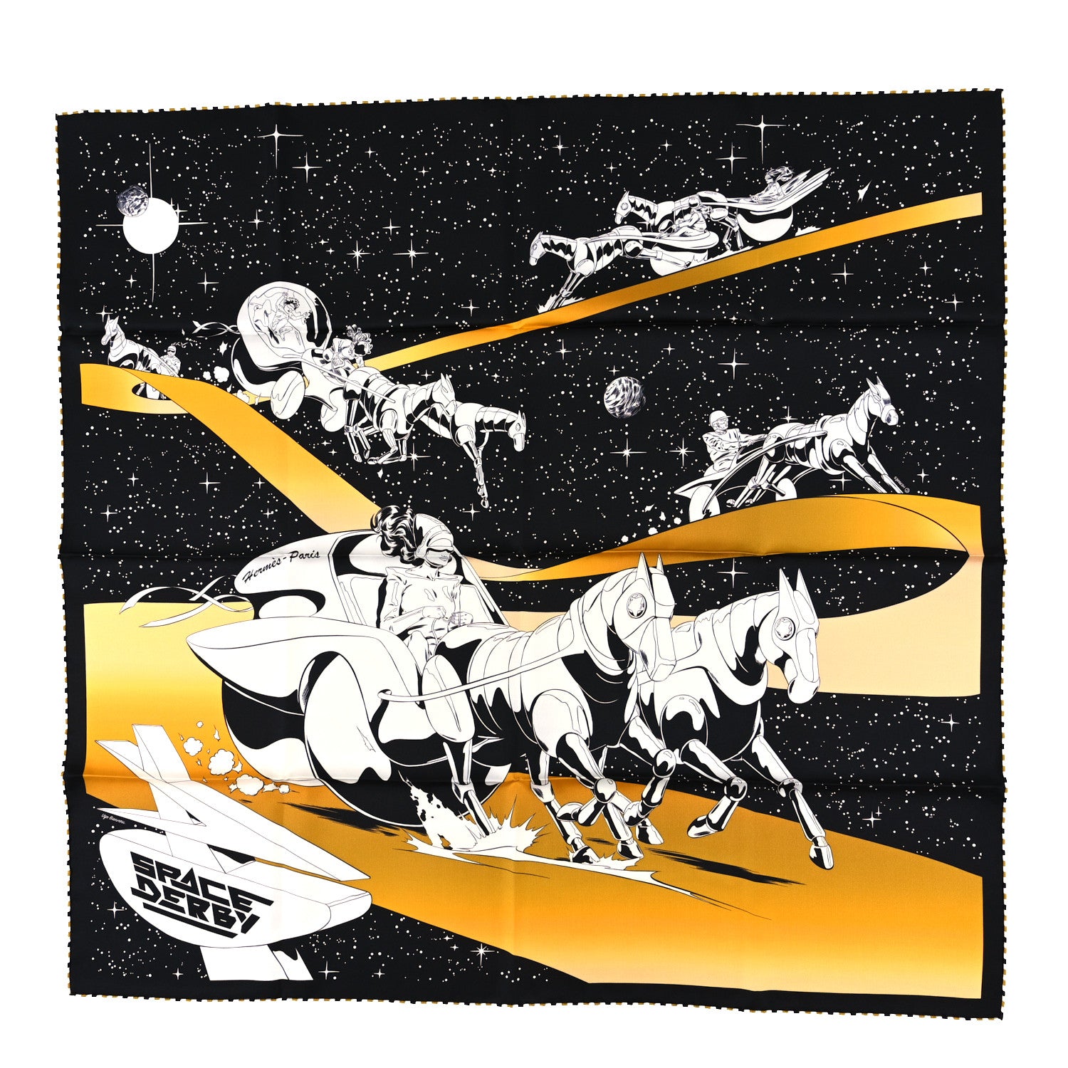 Hermes Silk Space Derby Scarf 90 Black White Gold 1 of 3
