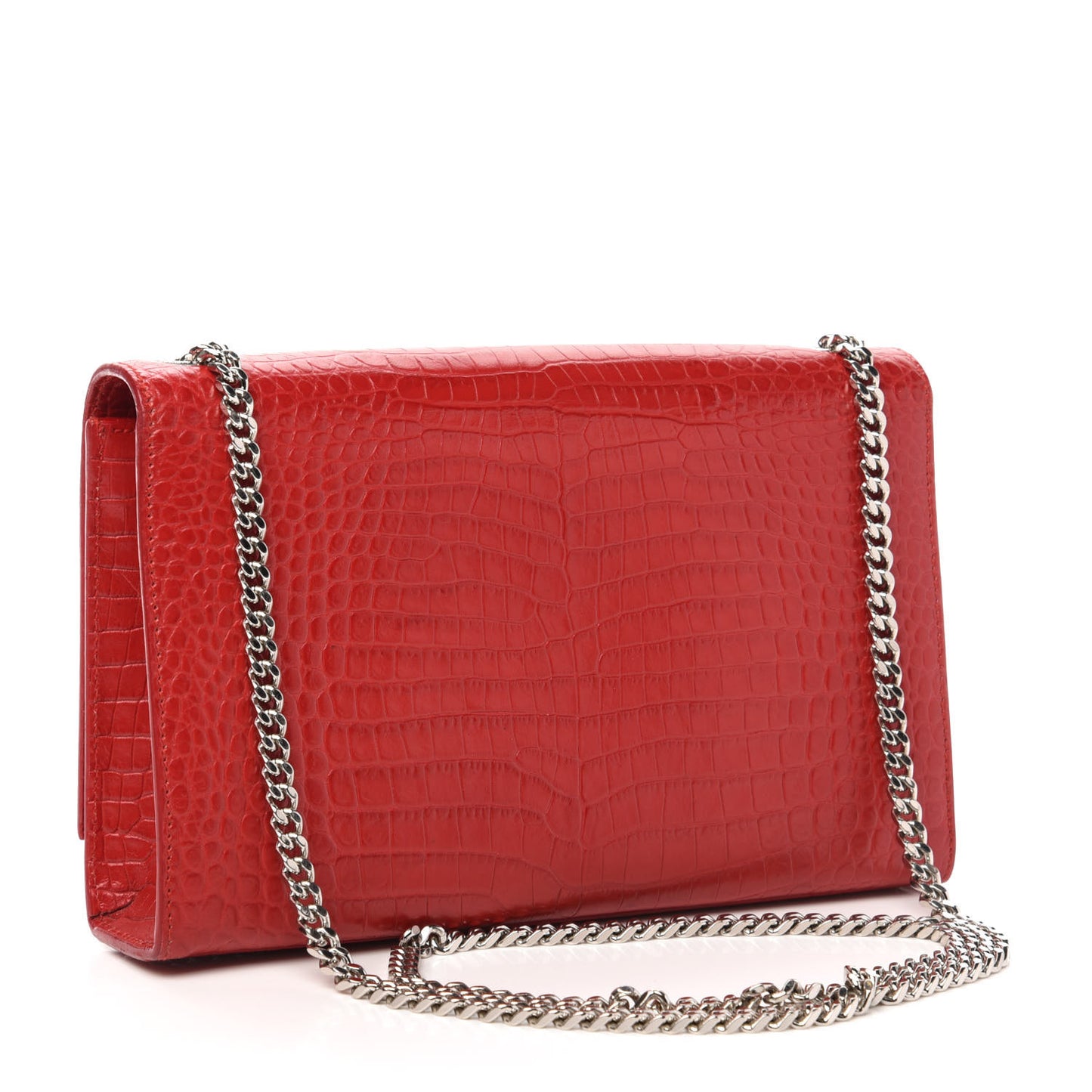 Calfskin Crocodile Embossed Medium Classic Monogram Kate Tassel Satchel Red