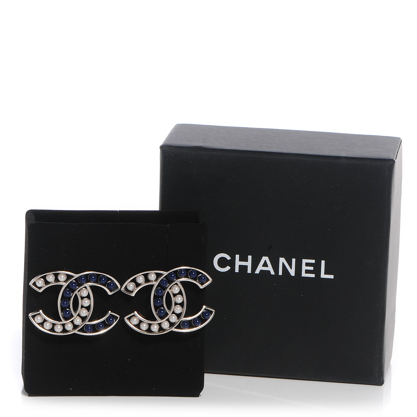 Pearl CC Earrings Silver White Blue
