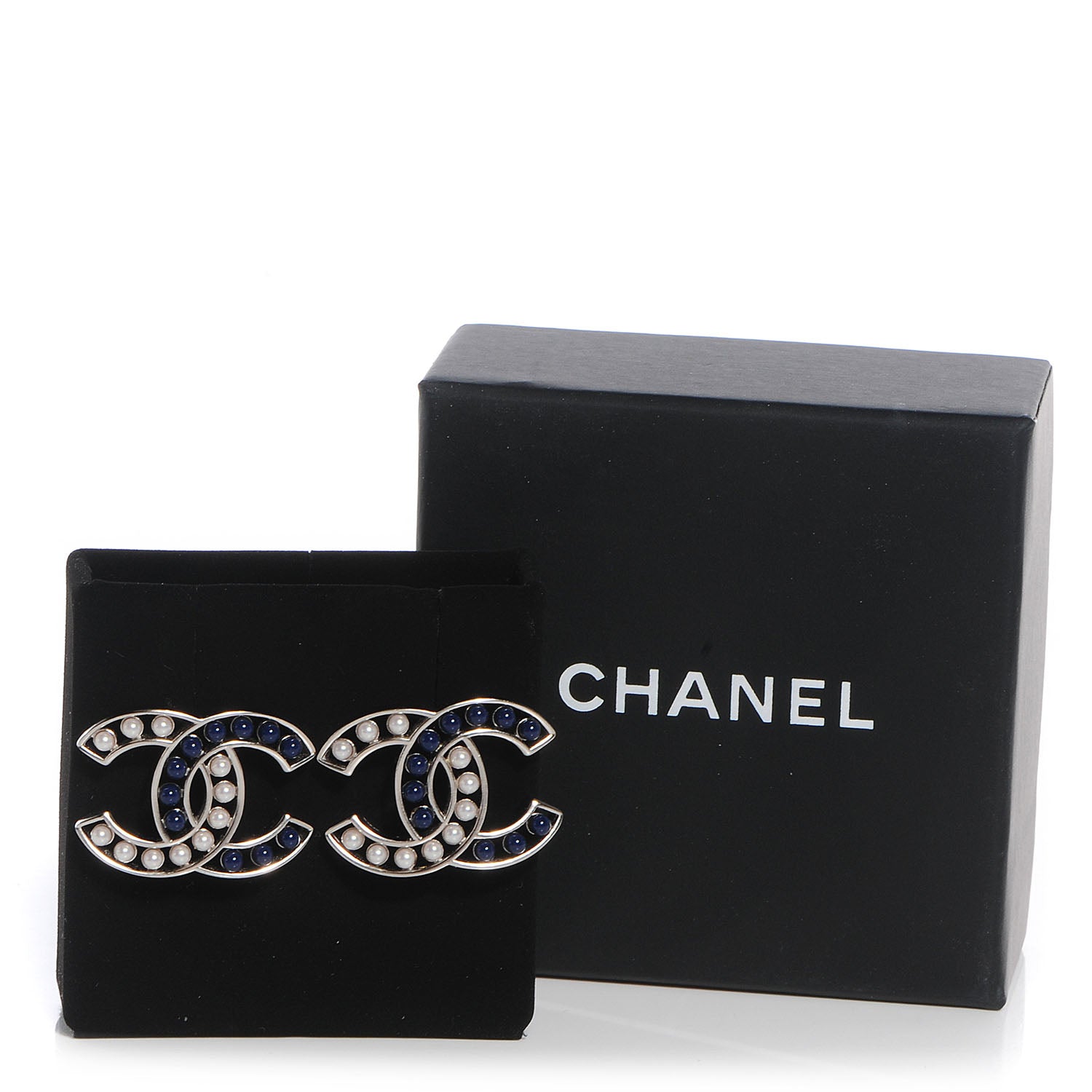 Chanel Pearl CC Earrings Silver White Blue 5 of 5